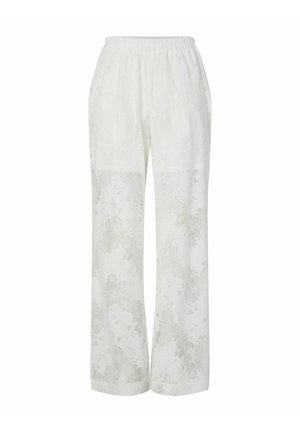 Pantalons larges blancs avec un motif en dentelle florale, taille élastique et texture lisse, adaptés pour un usage décontracté.