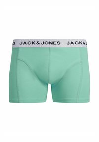 Shorts de boxe vert menthe en tissu doux avec une taille blanche ornée de "JACK & JONES" imprimé en noir. Forme contournée avec des détails de couture.