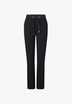 Zwarte broek met rechte pijpen, elastische tailleband en zwarte aantrekkoorden met zilverkleurige uiteinden, ontworpen voor casual of sportief gebruik.