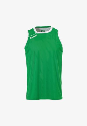 Groene mesh mouwloze jersey met witte accenten, voorzien van een prominente "Kempa" logo op de voorkant. Lichtgewicht en ademend materiaal.