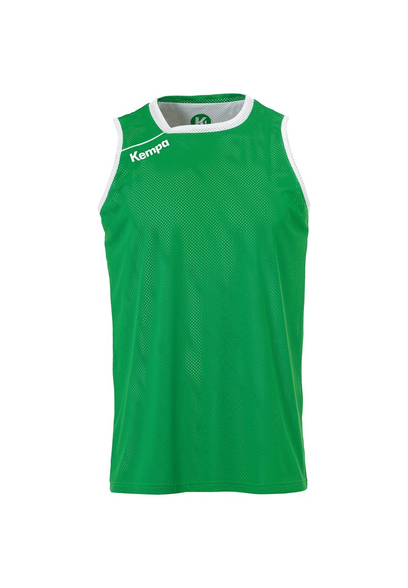 Canotta senza maniche in rete verde con bordo bianco, caratterizzata da un grande logo "Kempa" sul davanti. Tessuto leggero e traspirante.