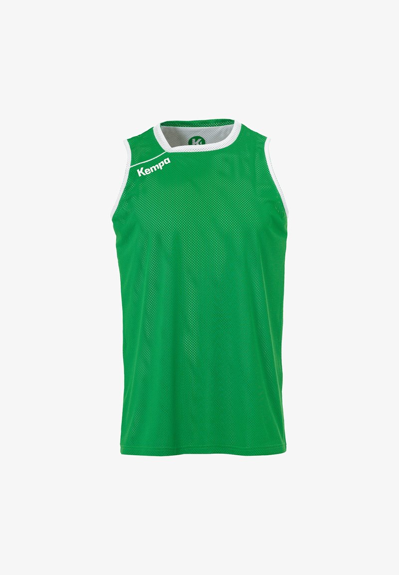 Groene mesh mouwloze jersey met witte accenten, voorzien van een prominente "Kempa" logo op de voorkant. Lichtgewicht en ademend materiaal.