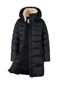 Černá péřová bunda s kapucí, vybavená jemným krémovým podšíváním, prošívaným designem a zipem. Ozdobena patentkami a bočními kapsami.