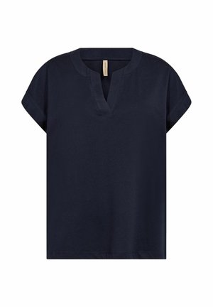 Tumesinist lühikeste varrukatega pluus ümarate kaelustega ja keskel V-kujulise lõikega, tehtud pehmest kangast.