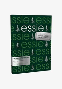 Boîte verte ornée de texte argenté et vert ainsi que d'icônes d'arbre de Noël, étiquetée comme un calendrier de l'Avent avec 24 produits pour les ongles.