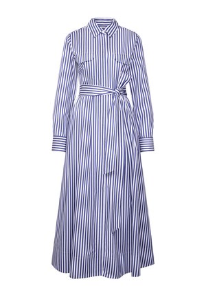Blå og hvide lodrette stribede langærmet midikjole med krave, brystlommer, knapper foran og matchende bælte i taljen.