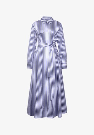 Blå og hvide lodrette stribede langærmet midikjole med krave, brystlommer, knapper foran og matchende bælte i taljen.