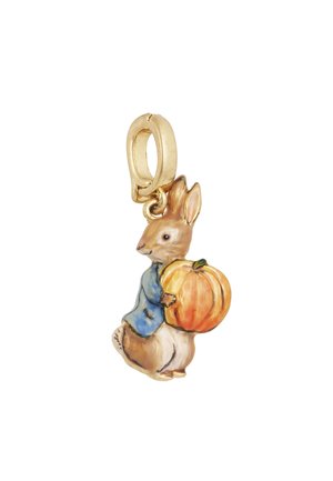 Gold-tone charm featuring a rabbit in a blue coat holding an orange pumpkin. Detailed coloring enhances the playful design.