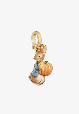 Gold-tone charm featuring a rabbit in a blue coat holding an orange pumpkin. Detailed coloring enhances the playful design.