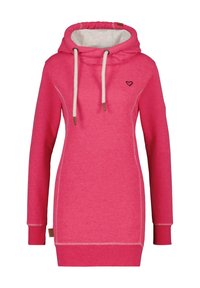 Abito con cappuccio a maniche lunghe di un brillante colore rosa, con lacci bianchi, piccolo logo a forma di cuore nero sul petto e fodera interna del cappuccio di colore grigio chiaro.