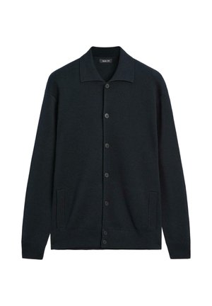 Dark navy cardigan made of textured knit fabric. Features a wide collar, six front buttons, and side pockets.
