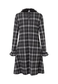 Plaid dress in shades of black and gray, featuring a ruffled black collar and puffed sleeves with flared cuffs for added detail.