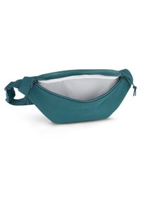 Teal midjeväska av slätt material med en dragkedjeöppning. Inuti är den vit, med en förenklad rundad design och justerbar rem.