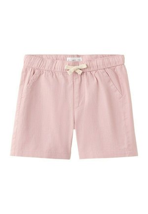 Pantaloni scurți roz deschis pentru copii mici, cu talie elastică, șnur crem și buzunare laterale pe fundal alb.