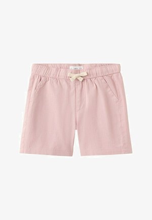 Lichtroze peuterbroekje met elastische tailleband, crèmekleurige drawstring en zijzakken op een witte achtergrond.