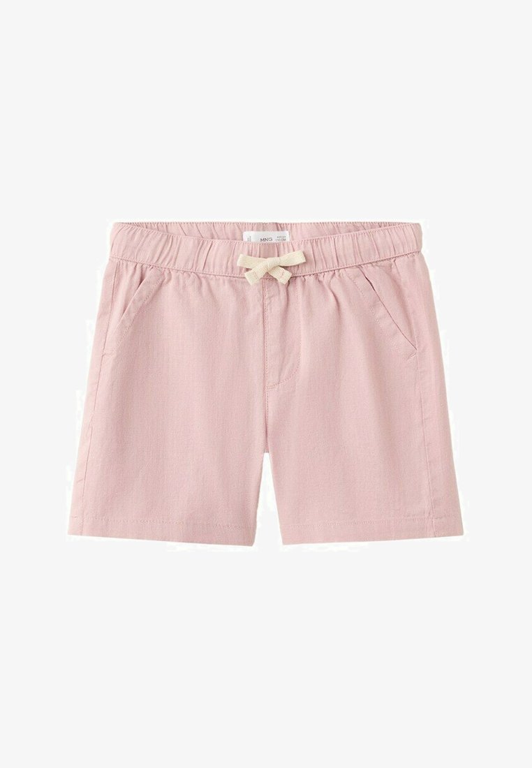 Light pink toddler shorts with elastic waistband, cream drawstring, and side pockets on a white background.