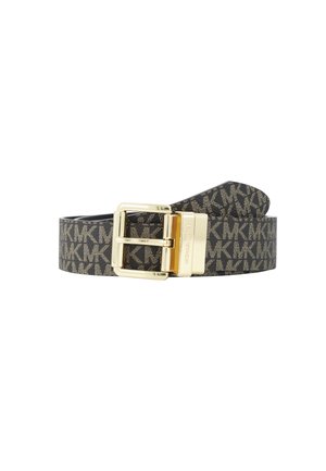 Ciemnobrązowy pasek Michael Kors z powtarzającym się wzorem logo MK oraz prostokątną złotą klamrą i zapięciem.