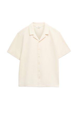 Crèmekleurig kortärmelig overhemd met knoopsluiting en campkraag, met een relaxte pasvorm en lichtgewicht stof.