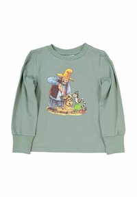 Long-sleeve, light green cotton shirt featuring an illustrated scene of a man with a straw hat and a striped cat at a woodworking table.
