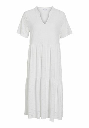 Balta kokvilnas kleita ar V veida izgriezumu, īsām piedurknēm un pakāpenisku dizainu. Satur caurumiņu rakstus visā kleitā, piešķirot tai tekstūru un detalizāciju.