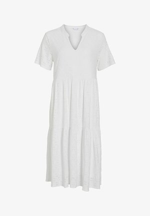 Balta kokvilnas kleita ar V veida izgriezumu, īsām piedurknēm un pakāpenisku dizainu. Satur caurumiņu rakstus visā kleitā, piešķirot tai tekstūru un detalizāciju.