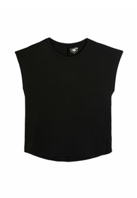Zwart T-shirt met korte mouwen en een ronde hals, gemaakt van gladde stof, met een relaxed fit en een ontwerp met verlaagde schouders.