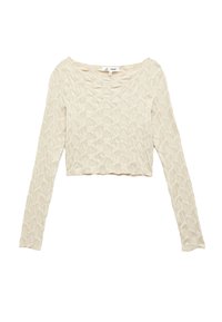 Cremefarvet langærmet cropped top med et tekstureret mønster af sammenvævede former og en bred udskæring. Blødt, let materiale.