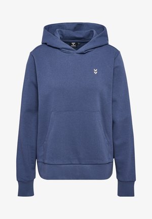 Haut à capuche bleu en tissu doux, doté d'une poche kangourou, de poignets côtelés et d'un petit logo sur la poitrine. Design simple et décontracté.