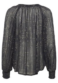 Blusa nera leggera con scollatura arricciata, maniche lunghe e motivo a pois metallici su tutto il capo. I polsini presentano dettagli elasticizzati.