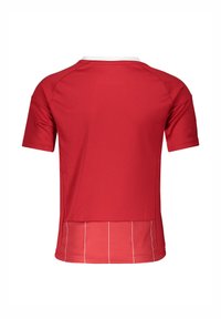 Maglietta sportiva rossa con colletto bianco, maniche corte e aperture laterali, con strisce bianche verticali sull'orlo inferiore. Tessuto dalla texture morbida.