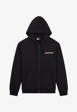 Hanorac negru cu fermoar, dotat cu buzunare frontale și un mic grafic roșu și alb pe partea stângă a pieptului, având inscripția "THE KOOPLES."