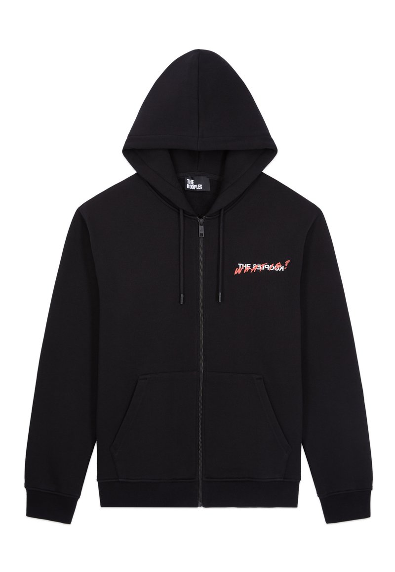 Must värvi tõmblukuga kapuutsiga särk, millel on ees taskud ja väike punase ja valge graafika vasakul rinnal, millel on kiri "THE KOOPLES."