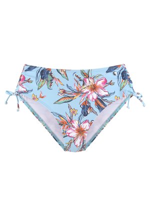 Bloemenprint bikini onderkant in lichtblauw, met roze en groene tropische bloemen, voorzien van verstelbare zijkanten en een gladde textuur.