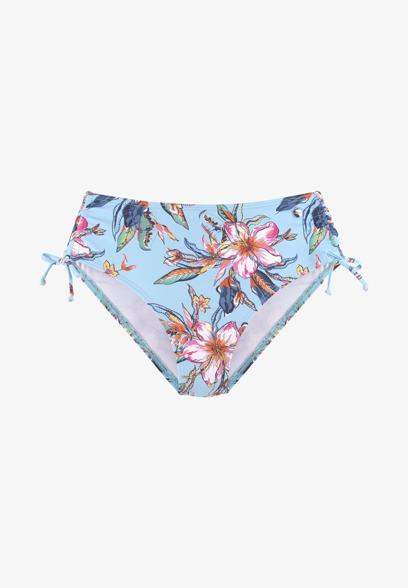 Bas de bikini à motif floral bleu clair, avec des fleurs tropicales roses et vertes, doté de liens réglables sur les côtés et d'une texture lisse.