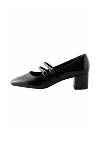 Black patent leather pump with a pointed toe, textured surface, and two narrow straps with decorative buckles. Chunky square heel.