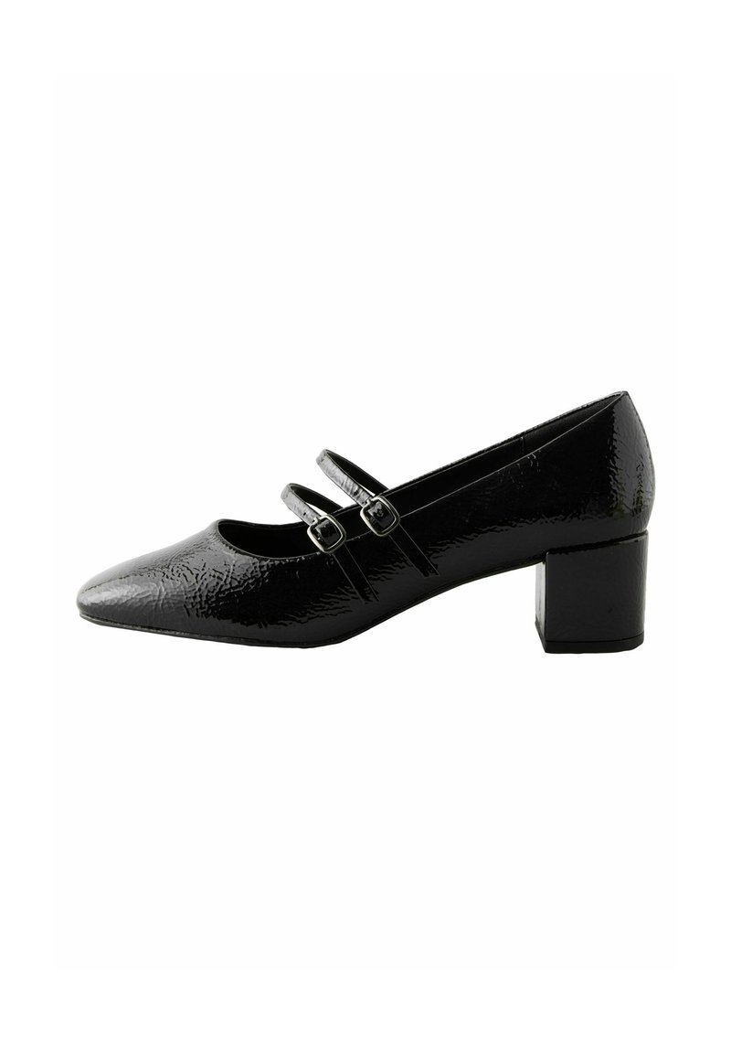 Black patent leather pump with a pointed toe, textured surface, and two narrow straps with decorative buckles. Chunky square heel.