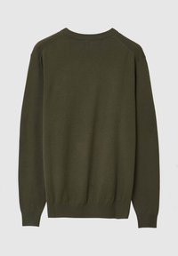 Olivgrüner Langarm-Pullover mit Rundhals-Ausschnitt, mit gerippten Bündchen und Saum, flach von hinten auf einem schlichten hellen Hintergrund präsentiert.