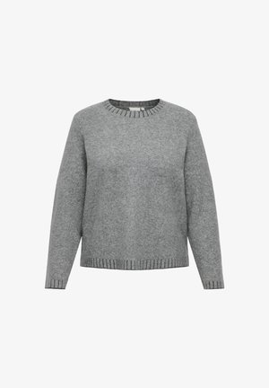 Grijze wollen trui met lange mouwen, ronde halslijn en geribde zoom en manchetten. Zachte textuur met een losse, ontspannen pasvorm.