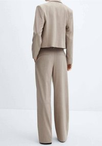 Veste de costume beige courte à rayures verticales, associée à un pantalon à jambes larges. Tissu lisse, poches latérales sur le pantalon, lignes épurées.