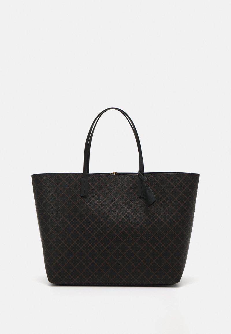 Spacious black tote bag in synthetic material, featuring a diamond pattern, dual handles, and a zip closure at the top.