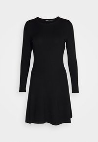 Vestido preto de manga longa feito de tecido suave. Decote redondo, corpo ajustado e saia larga para um ajuste descontraído.