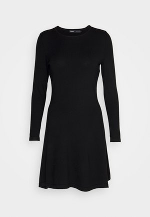 Schwarzes langärmliges Kleid aus weichem Stoff. Runder Ausschnitt, figurbetonter Oberteil und ausgestellt geschnittenen Rockbereich für einen lässigen Sitz.