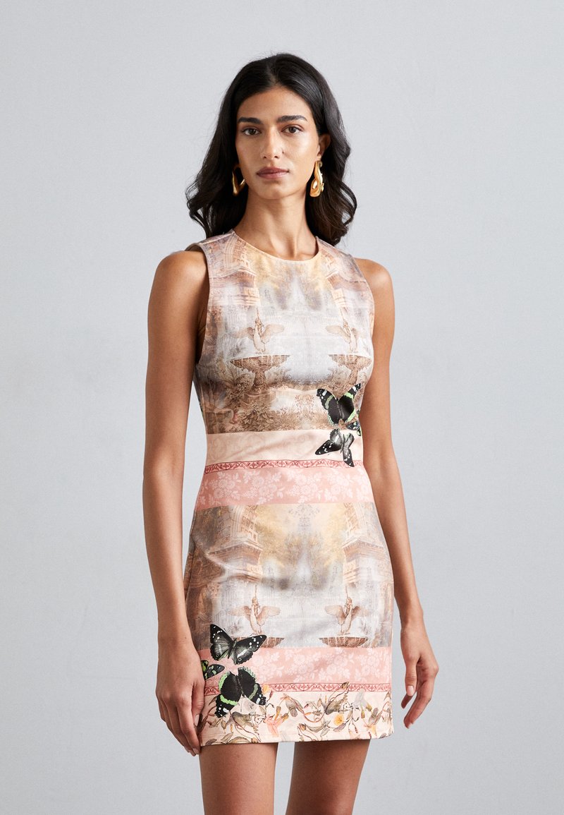 Sleeveless dress featuring a multicolored print with floral and butterfly motifs, smooth fabric, fitted silhouette, and a banded waist.