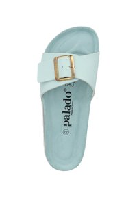 Lichtblauwe slide sandaal met een enkele brede band en een gouden gesp. Zachte suède voetbed met "Palado Made in Spain" erop gedrukt.