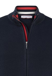 Navy Strickpullover mit strukturiertem Muster, hohem Kragen und kontrastierenden rot-weißen gestreiften Akzenten am inneren Kragen. Reißverschluss.