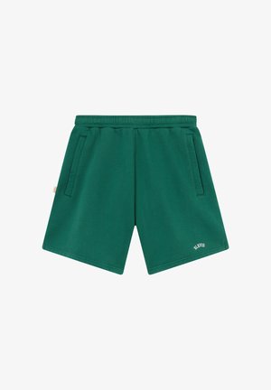 Zielone szorty z elastycznym pasem, bocznymi kieszeniami oraz małym białym napisem „BLKVIS” na dolnej lewej nogawce.