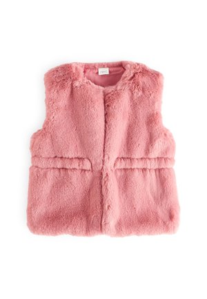 Lyserød, blød, ærmeløs vest med synlige forstykker foran og rund halsudskæring, lavet af blødt kunstpelsstof, lagt fladt på en hvid baggrund.