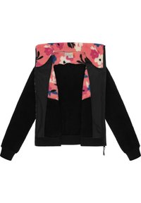 Giacca nera con zip, dal morbido interno peluche caratterizzato da un motivo floreale rosa. Presenta polsini e orlo a coste, con tasche laterali.
