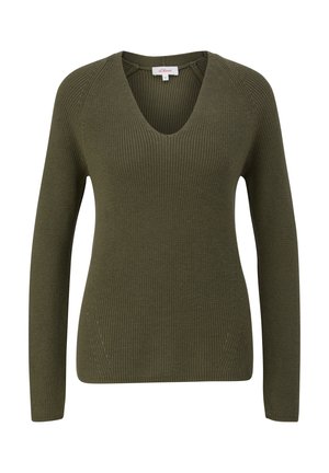 Olivgrüner gerippter Pullover mit langen Ärmeln, V-Ausschnitt und Seitennähten für Struktur, aus weichem, strukturiertem Strickstoff gefertigt.