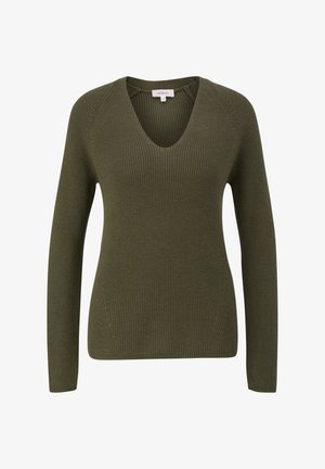 Oliwkowy sweter z prążkowanej tkaniny, z długimi rękawami, dekoltem w kształcie litery V i szwami bocznymi dla lepszego fasonu, wykonany z miękkiej, teksturowanej dzianiny.